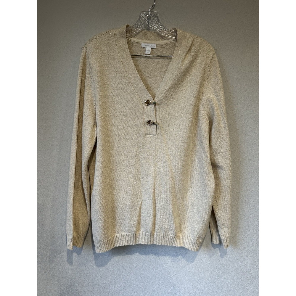 Charter Club Women's Metallic Henley‎ Sweater (X-Large, Sweet Cream Combo)